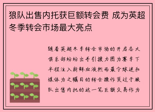 狼队出售内托获巨额转会费 成为英超冬季转会市场最大亮点 狼队出售内托获巨额转会费 成为英超冬季转会市场最大亮点